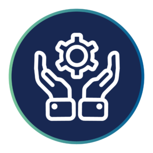 Graphic representing "strategies to support sites". supporting the site support focus area. Graphic shows hands holding up a gear..