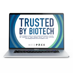 Trusted by Biotech brochure pulled up on a MacBook 