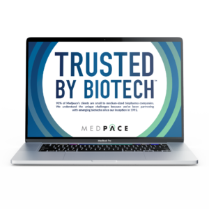 Trusted by Biotech brochure pulled up on a MacBook