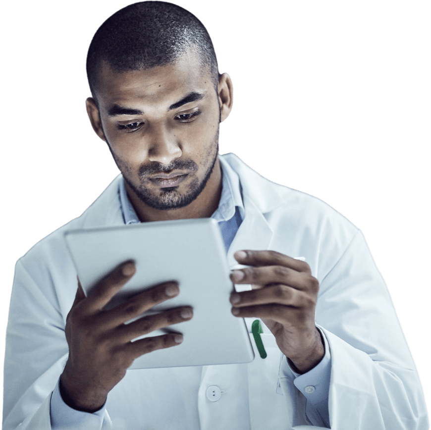 male scientist on tablet