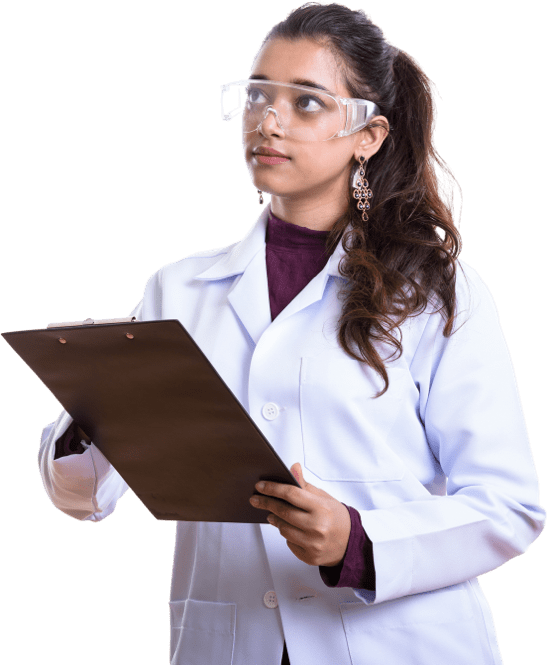 female scientist writing on clipboard