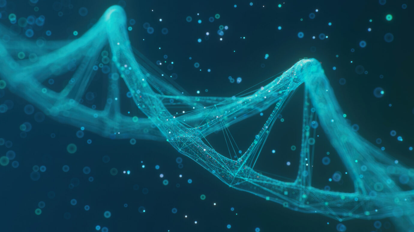 Digitally generated DNA fragment on a dark background